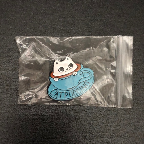 Coffee Themed Cup & Saucer with Cat Kitty “Catpuccino” Metal Enamel Pin Brooch - Picture 3 of 10